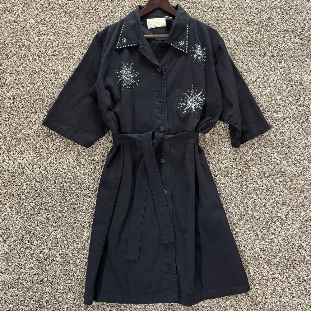 VTG Fortune by Stan Black Studded Atomic Starburst Shirt Dress Belted‎ 80s 90s